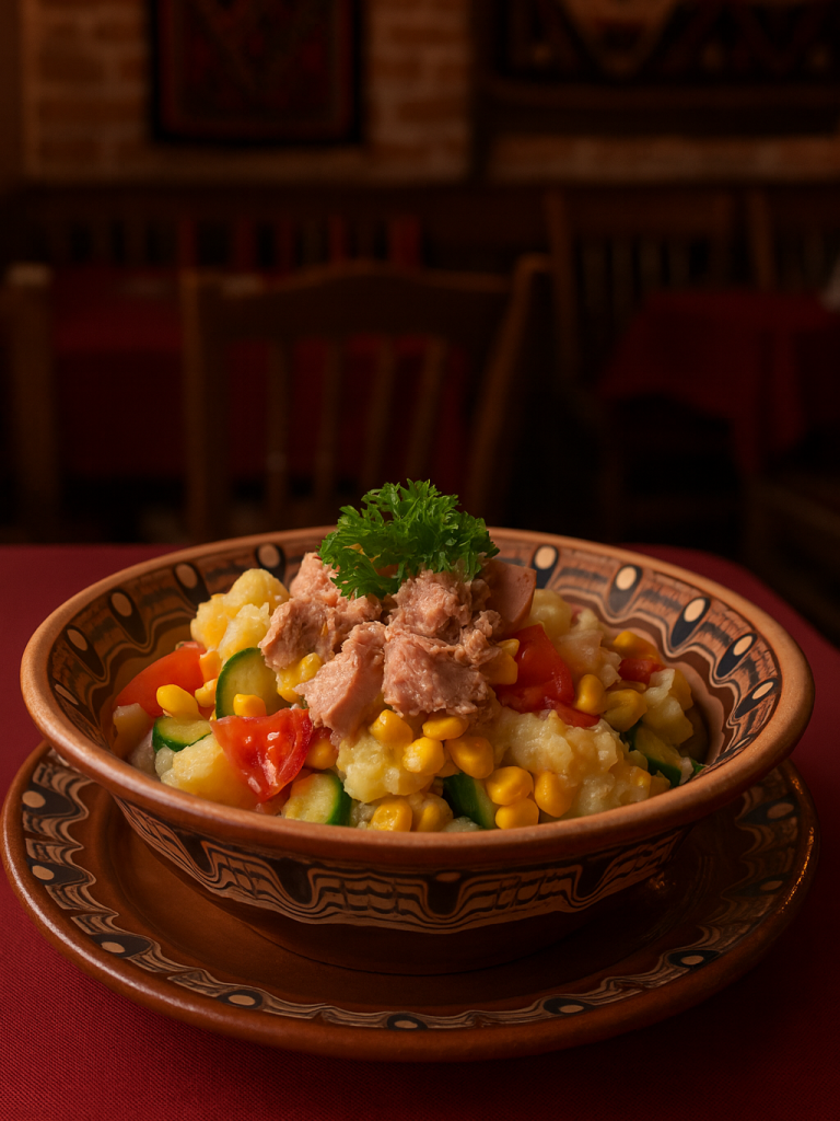 Posna tunjevina obrok salata sa krompirom, kukuruzom i svežim povrćem – restoran Dedina Tajna Novi Sad