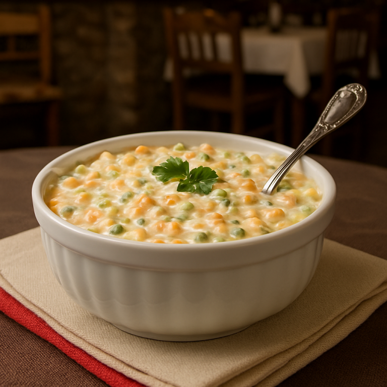 Posna Ruska salata u beloj činiji sa kašikom u etno restoranu Dedina Tajna Novi Sad, kremasta ruska salata za ketering i slavske stolove