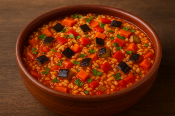 Posni đuveč sa povrćem i pirinčem u zemljanoj posudi, tradicionalno srpsko jelo