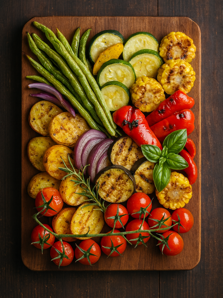 Grilovano povrće na dasci – tikvice, krompir, paprika, paradajz i kukuruz kao posno jelo u restoranu Dedina Tajna Novi Sad