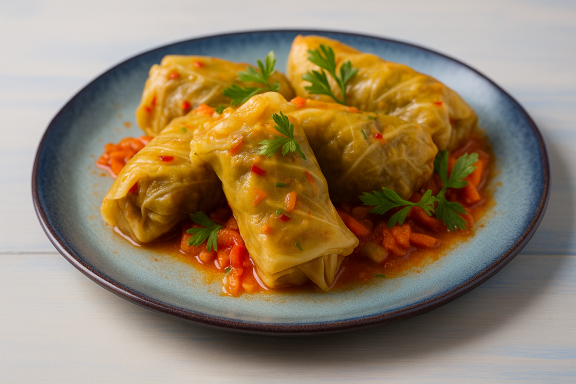 Posna sarma sa pirinčem, povrćem i tunjevinom, servirana na tanjiru sa paradajz sosom