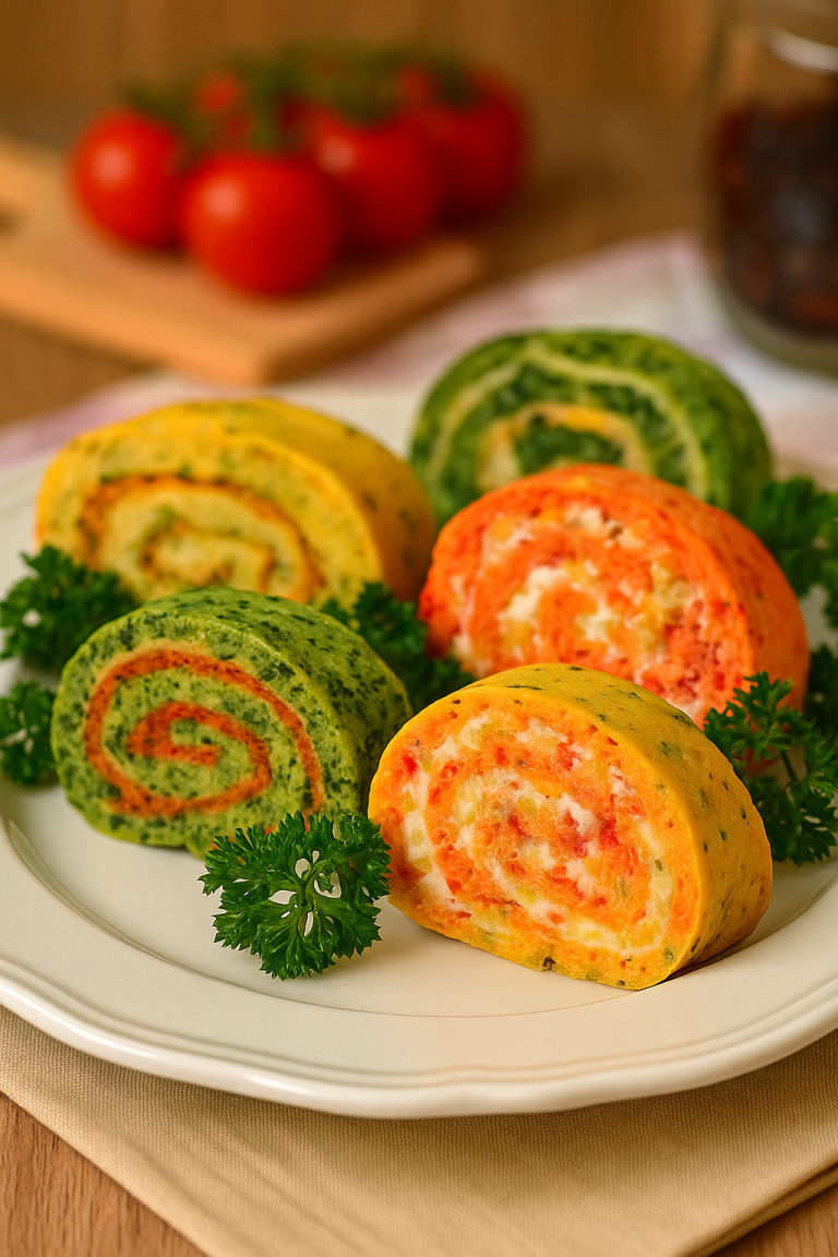 Šareni posni rolati Šareni posni rolati sa spanaćem i šargarepom na tacni restorana Dedina Tajna Novi Sad