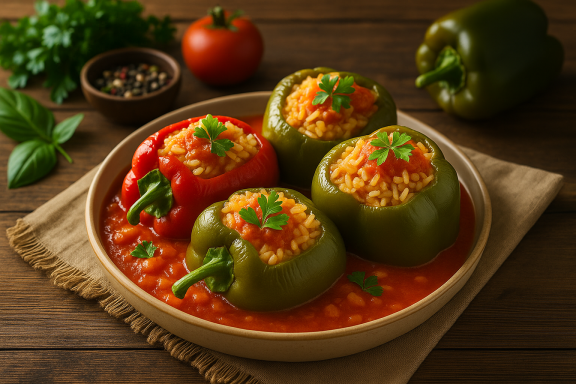 Posne paprike punjene pirinčem i povrćem u paradajz sosu, tradicionalno jelo za posnu slavu Novi Sad