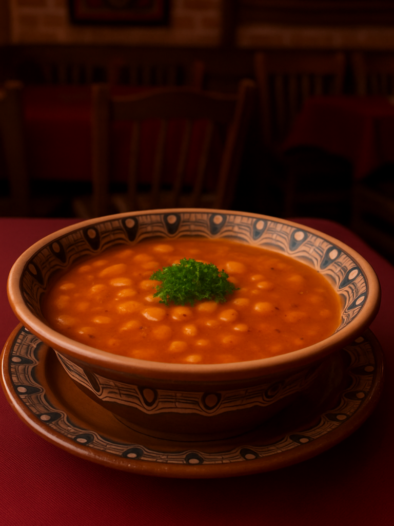 Gusti posni pasulj u tradicionalnoj činiji, posno kuvano jelo u restoranu Dedina Tajna Novi Sad